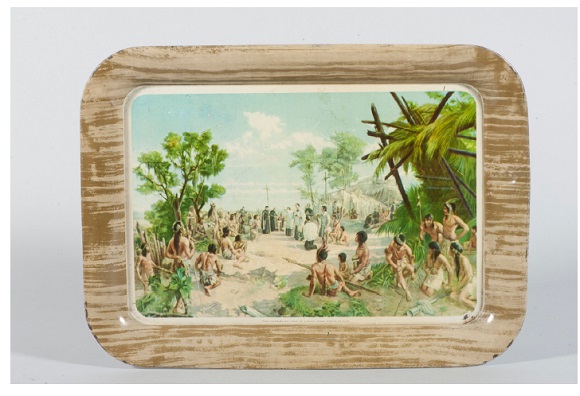 Bandeja comemorativa do IV Centen&aacute;rio de S&atilde;o Paulo, 1954, lata 33 x 45 x 2 cm, Metalma. Acervo do Museu Paulista da USP. 