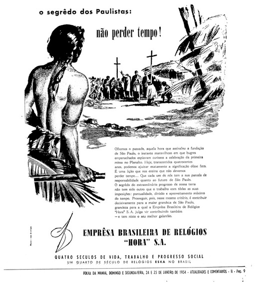 Propaganda da empresa de rel&oacute;gios Hora S.A., Folha da manh&atilde;, 24 e 25 de janeiro de 1954.