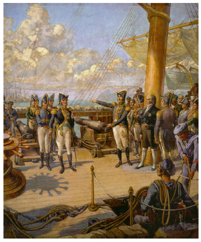 Oscar Pereira da Silva. O Pr&iacute;ncipe D. Pedro e Jorge de Avilez a bordo da Fragata Uni&atilde;o, 1922, &oacute;leo sobre tela, 310 x 250 cm. Acervo do Museu Paulista. Reprodu&ccedil;&atilde;o: Helio Nobre; Jos&eacute; Rosael.