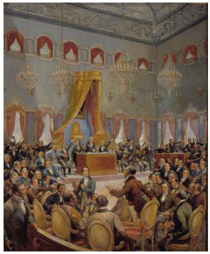 Oscar Pereira da Silva. Sess&atilde;o das Cortes de Lisboa - 9 de maio de 1822, 1922, &oacute;leo sobre tela, 310 x 250 cm. Acervo do Museu Paulista. Reprodu&ccedil;&atilde;o: Helio Nobre; Jos&eacute; Rosael.
