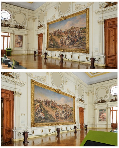 Imagens (alteradas) do Sal&atilde;o de Honra do Museu Paulista: de dimens&otilde;es semelhantes, Caipira picando fumo e Amola&ccedil;&atilde;o interrompida encaixam-se perfeitamente nos v&atilde;os deixados por Bezzi, e que ser&atilde;o ocupados posteriormente pelos retratos da Imperatriz Leopoldina e Maria Quit&eacute;ria nos anos 1920. Reprodu&ccedil;&atilde;o: Helio Nobre; Jos&eacute; Rosael. 