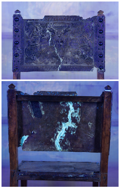 Imagem de reflet&acirc;ncia de UV da cadeira RG55 do acervo do Museu Paulista. Encosto visto da parte frontal e do verso, evidenciando a marca de restauro no couro. 