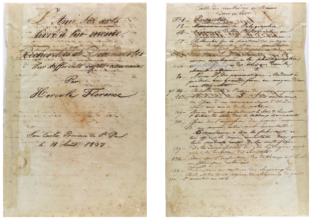 Hercule Florence. Folha de t&iacute;tulo e sum&aacute;rio do manuscrito L&rsquo;Ami des arts..., 1837-1859. Tinta ferrog&aacute;lica sobre papel, 30,6 x 21,0 cm. Cole&ccedil;&atilde;o Instituto Hercule Florence (S&atilde;o Paulo). 