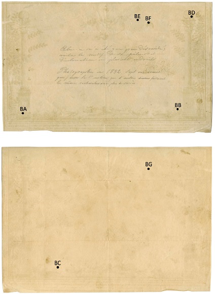 Mapa de distribui&ccedil;&atilde;o dos pontos examinados na obra Diploma ma&ccedil;&ocirc;nico (frente e verso) com os sistemas port&aacute;teis de ED-XRF do Ifusp (tubo de prata Ag) e do Ipen (tubo de ouro Au)