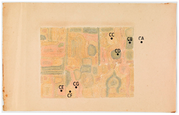 Mapa de distribui&ccedil;&atilde;o dos pontos CA a CG, medidos na obra Papel inimit&aacute;vel da Cole&ccedil;&atilde;o IHF, analisados com o sistema port&aacute;til de ED-XRF do Ifusp (tubo Ag).