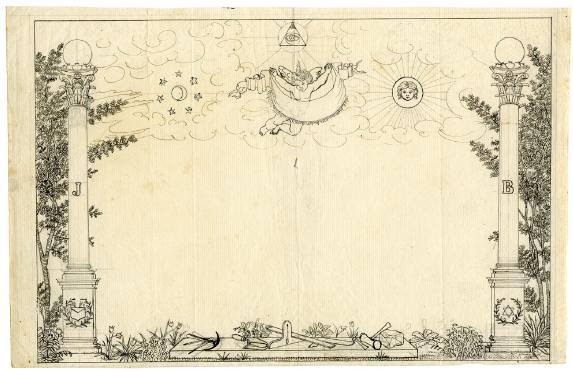 Hercule Florence. [Diploma ma&ccedil;&ocirc;nico], [1833-1839]. Nanquim e grafite sobre papel, 19,2 x 30,2 cm (irregular). Cole&ccedil;&atilde;o Instituto Hercule Florence (S&atilde;o Paulo). 