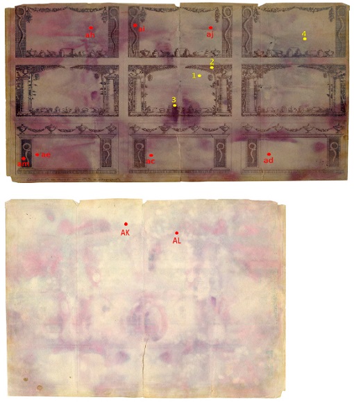 Mapa de distribui&ccedil;&atilde;o dos pontos examinados na obra &ldquo;R&oacute;tulos de farm&aacute;cia&rdquo; da Cole&ccedil;&atilde;o IHF, frente e verso. Pontos de 1 a 4 analisados com o sistema port&aacute;til de XRF do Ifusp (tubo Ag); pontos de ac a am analisados com o sistema port&aacute;til de XRF do Ipen (tubo Au).