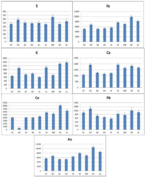 Gr&aacute;ficos de barras das &aacute;reas calculadas para os picos dos elementos qu&iacute;micos identificados nos espectros de XRF para os diferentes pontos da obra R&oacute;tulos de farm&aacute;cia: enxofre (S), pot&aacute;ssio (K), c&aacute;lcio (Ca), ferro (Fe), cobalto (Co), chumbo (Pb) e ouro (Au). Notar que os gr&aacute;ficos possuem escalas diferentes para melhor visualiza&ccedil;&atilde;o (tubo de ouro - Ipen).