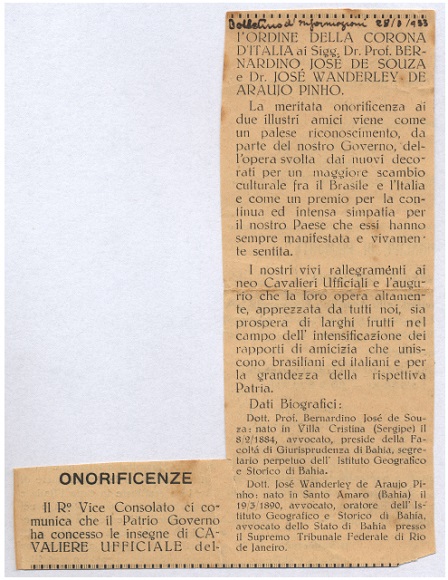 Recorte classificado &agrave; caneta como &ldquo;bolletino d&rsquo;informazioni&rdquo;, provavelmente do vice-consulado italiano no Brasil. Fonte: 