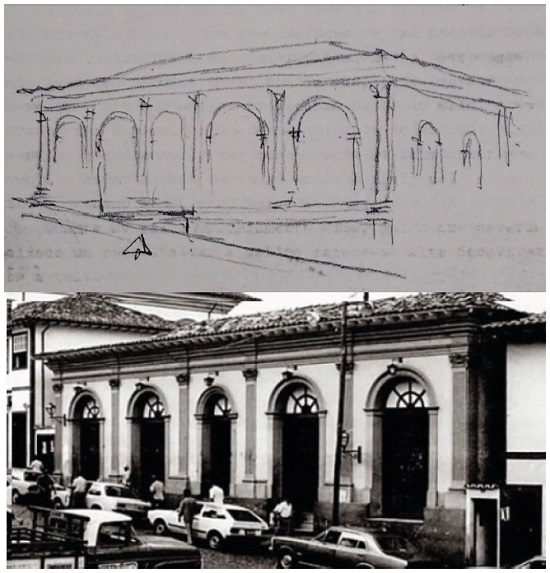 Croqui de Lucio Costa de 1956 para remodelação da fachada do Liceu, e o prédio após as obras, já como cinema, na década de 1980. Fontes: ACI/RJ - Série Obras, Caixa 0218, Pasta 0946; O Tempo, 2016. Disponível em: <https://bit.ly/2k1GN5c>. Acesso em: 6 mai. 2019.