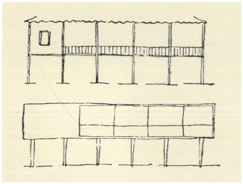 Desenho de Sylvio de Vasconcellos, relacionando os partidos da arquitetura rural setecentista e da modernista. Fonte: Vasconcellos, 1983 [1956], p. 43.