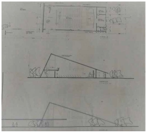 Planta, corte e fachada da capela da USER 1-2 Taguatinga-Sobradinho. 17 ago. 1959.
