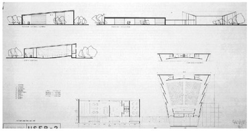 Planta e planta de cobertura do auditório e da biblioteca da USER 2. 1959.