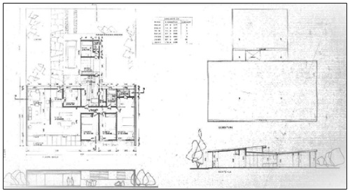 Planta, corte, fachada e planta de cobertura da residência para funcionários e técnicos da USER 1-2 Taguatinga-Sobradinho. 1959.