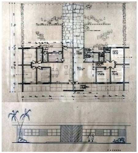Planta e fachada da residência geminada para funcionários da USER 1-2 Taguatinga-Sobradinho. 6 ago. 1959.