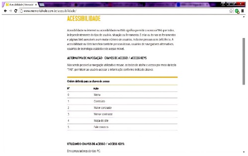 Texto sobre recursos de acessibilidade em site, 2018. Página do Memorial Minas Gerais Vale.