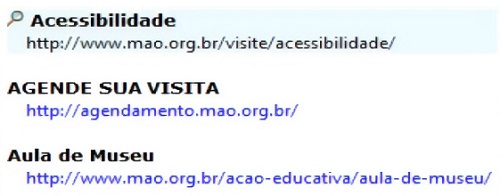 Links utilizados no site do MAO na página intitulada Visitas Mediadas, 2018. Levantamento realizado pela ferramenta HERA.