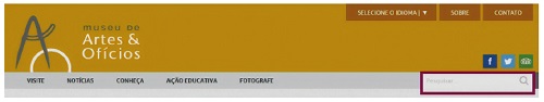 Página inicial do MAO com destaque para o mecanismo de busca, 2018. Site do Museu de Artes e Ofícios.
