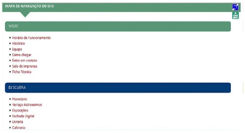 Mapa de navegação do site do Espaço do Conhecimento UFMG, 2018. Site do Espaço do Conhecimento UFMG.