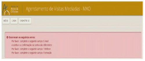 Análise sobre o suporte para inserção de dados no formulário disponibilizado pelo site do MAO, 2018. Site do Museu de Artes e Ofícios.