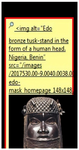 Utilização do atributo alt para descrição do conteúdo imagético disponibilizado em uma página na Internet, 2018. Site do British Museum.