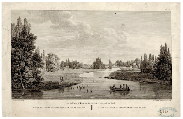 Vista do jardim de Ermenonville, autoria de Constant Bourgeois, 1808.