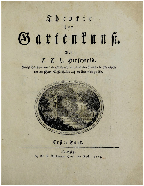 Frontispício do primeiro volume da Theorie der Gartenkunst (Teoria da arte do jardim) de Christian Cay Lorenz Hirschfeld, 1779-1785.