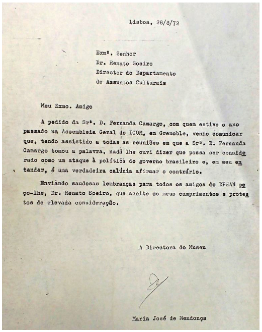 Carta de Maria José de Mendonça para Renato Soeiro a respeito de Fernanda de Camargo Moro, em 1972.