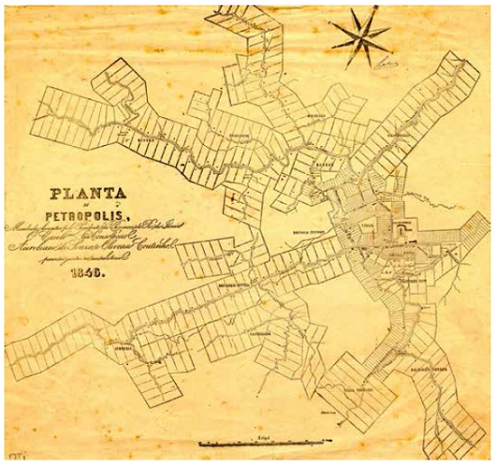 Plano Koeler, 1846, onde se veem os lotes de dimensões diferenciadas organizados na malha urbana ao longo dos rios e canais. Reprodução fotográfica da Série Inventários ACI-RJ.