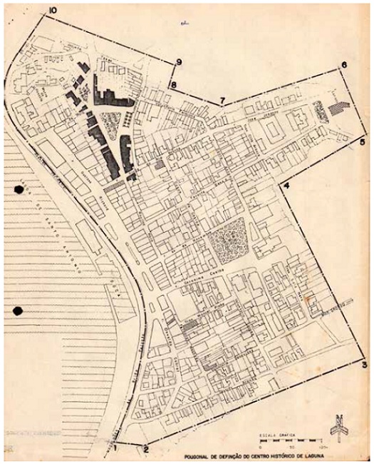 Primeira delimitação do centrohistórico de Laguna, abrangendo apenas a malha urbana e o casario. Diretoria Regional do Iphan.
