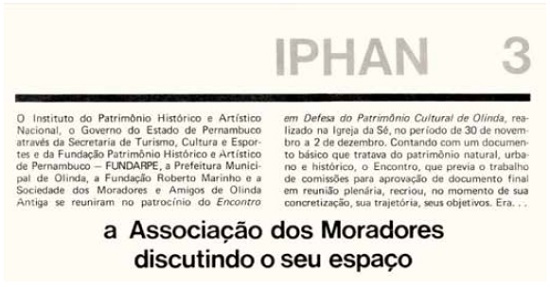 Recorte do Boletim Iphan novembro/dezembro de 1979, com chamada da notícia sobe o seminário realizado em Olinda.