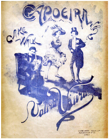Capa da partitura de Capoeira (s.d.), uma cakewalk, Valério Vieira. O artista se traveste de músico e no garboso casal que esbanja descontração.