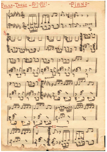 Partitura de piano de "Ai! Ai!" polca-tango de Valério Vieira, arranjo de Pixinguinha - 06/06/1949 (primeira página da parte de piano).