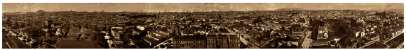 Segundo panorama de São Paulo (1922). Valério Vieira. Fotografia retocada a óleo. (Restauração coordenada por Florence Maria White de Vera e patrocinada pela Kodak Brasil, em 1999). Tamanho original: 16 × 2 metros.