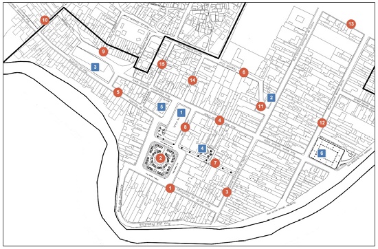 Recorte do centro tombado de São Luiz do Paraitinga com indicação dos principais logradouros e edifícios.