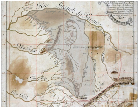 Trecho do Mappa da Capitania de S. Paulo em que se mostra tudo o que ella tinha antigamente the [sic] o Rio Paraná. Na mancha cinza estão destacados, pelos autores, os sertões confinantes entre as capitanias de São Paulo e Minas Gerais, da porção a oeste do rio Sapucaí até o Caminho dos Goiases, tendo como limite, ao sul, a vila de Jundiaí e, ao norte, o Rio Grande.