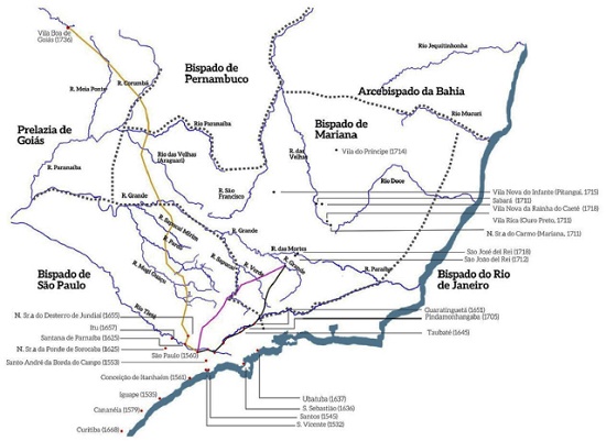 Mapa demonstrando a divisão dos bispados de São Paulo e Mariana e da prelazia de Goiás, criados em 1745, em relação aos já existentes bispado de Pernambuco e arcebispado de São Salvador (Bahia). As vilas paulistas (em vermelho) e mineiras (em preto) fundadas até 1745 estão destacadas, além da Vila Boa de Goiás (1736), fundada por paulistas em uma região que pertencia à capitania de São Paulo. Estão assinalados o Caminho dos Goiases (amarelo), o Caminho de Fernão Dias (roxo) e o Caminho Velho de São Paulo (em preto).