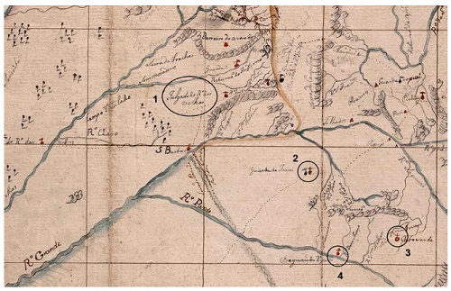 Recorte do mapa de José Joaquim da Rocha: “Mostrace [sic] neste mapa o julgado das cabeceiras do rio das Velhas e a parte da Capitania de Minas Gerais com a devisa [sic] de ambas as capitanias dadas pelo capitam. No que as bandeirolas azuis são guardas de Minas, e as vermelhas são de Tropas de Goiás”, de 1796. Estão destacados: 1) Julgado do Rio das Velhas (Arraial do Desemboque); 2) Guarda de Jacuí, cujo símbolo está junto da Freguesia de Jacuí; 3) Freguesia de Cabo Verde e 4) Freguesia do Rio Pardo.