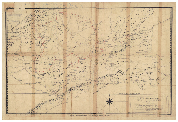 Carta Geográfica que compreende toda a comarca do Rio das Mortes, Villa Rica, da cidade de Mariana e do Governo de Minas Gerais. Sem data. Esse mapa também se encontra em anexo em: ARQUIVO PÚBLICO DO ESTADO DE SÃO PAULO. Documentos interessantes… op. cit.