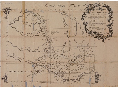 Carta Chorographica da Capitania de São Paulo em que mostra a verdadeira cituação do Logares por onde se Fizeram as sete principaes divizoens do seu governo com o de Minas Geraes, anno de 1766. Uma outra versão desse mapa, elaborada em 1773, foi apresentada na Figura 1 deste artigo.