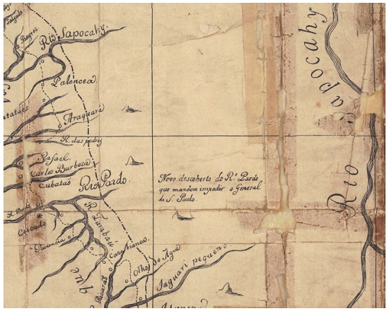 Detalhe do mapa Carta Chorographica da Capitania de São Paulo… (1766) com destaque para a indicação do “Novo descoberto do R.o Pardo que mandou impedir o General de S. Paulo”.