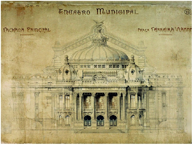 Projeto final para o Teatro Municipal em 1904. Fonte: Disponível em: <https://bit.ly/3oCRxWB>. Acesso em: 06 out. 2021. Crédito: PREFEITURA do Distrito Federal (RJ).