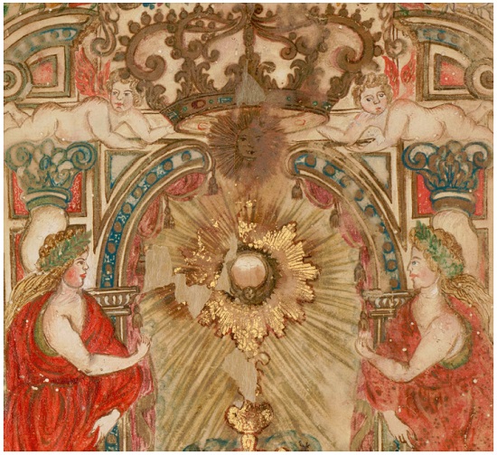 Detalhe da aplicação de papel japonês de tonalidades diferentes no frontispício.