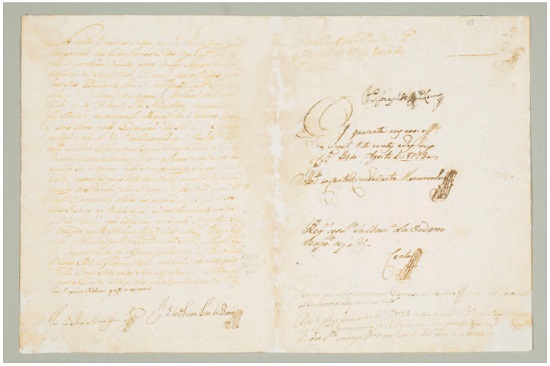 Bifólio após restauro: atenuação de manchas e reestruturação mecânica de perdas de suporte. Foto: Cláudio Nadalin.