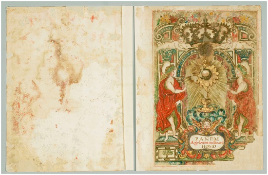 Frontispício após restauro: atenuação de manchas e reestruturação manual de perdas de suporte. Foto: Cláudio Nadalin.