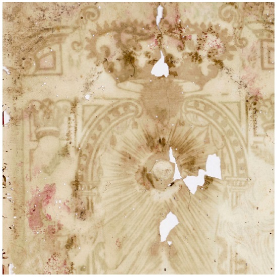 Verso do frontispício apresentando fragilização, perda de suporte e migração da tinta (detalhe), 2018. Foto: Cláudio Nadalin.