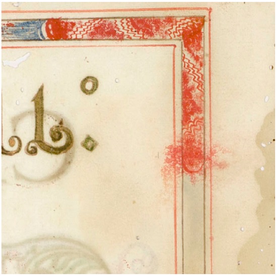 Esmaecimento e borrão da têmpera na área da bordadura; migração da aplicação de latão (detalhe), 2018. Foto: Cláudio Nadalin.