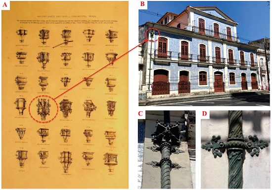 (A) Imagem do catálogo da W. MacFarlane & Co. com indicação do modelo de cabeça utilizado no Solar Barão do Guajará em vermelho (B) e imagens aproximadas da cabeça, corpo e braçadeiras do duto vertical na fachada do edifício. Figura (A) retirada do Catálogo W. MacFarlane & Co; (B, C, D). Fonte: Fotografia das autoras.