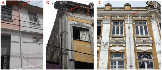 Fachadas apresentando estudos de cores que não valorizam os dutos verticais, reduzindo o destaque e dificultando a sua leitura. Fonte: Fotografias das autoras.