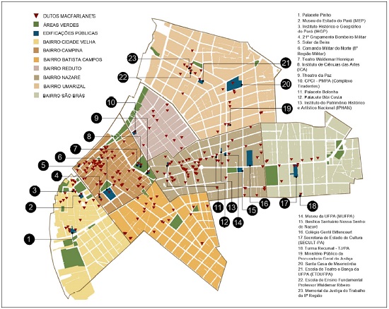 Mapa desenvolvido a partir do levantamento de campo dos dutos W. MacFarlane & Co. nos sete bairros estudados.